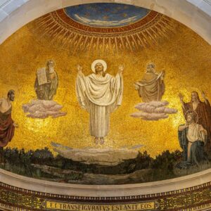 Stunning mosaic depiction of the Transfiguration of Jesus in a church dome, showcasing biblical figures in vibrant detail.
