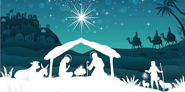 Nativity Scene with the Holy Family and the Magi of Oriental Landscape-transparency blending effects and gradient mesh-EPS10